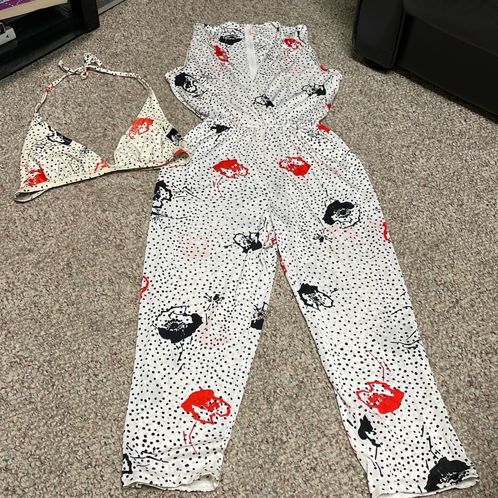 Vintage 70s jumpsuit/ bikini top set - Picture 1 of 11